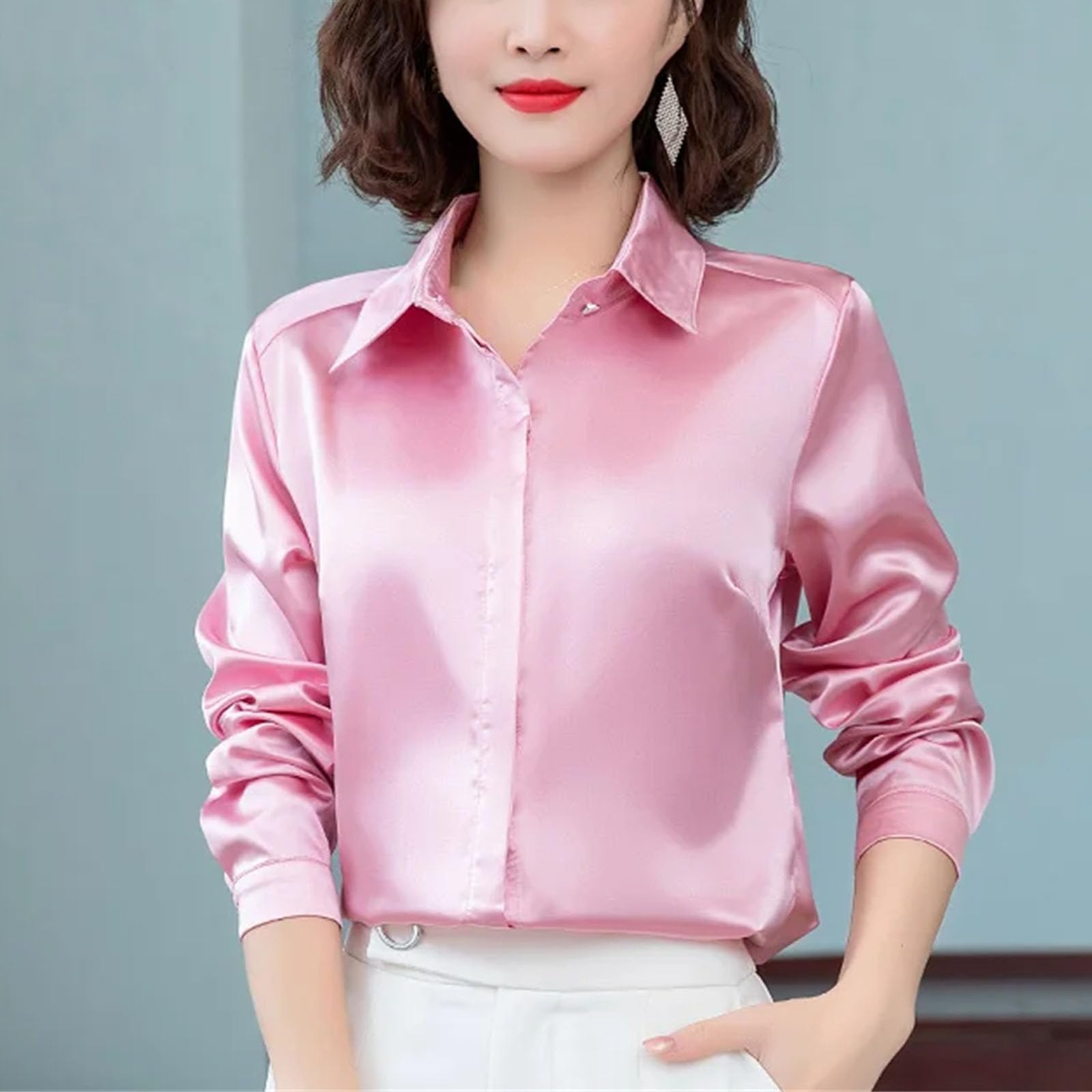 Camisa de trabajo para mujer, blusa de manga larga con solapa y botones ocultos, brillante, básica, de seda satinada, para mujer