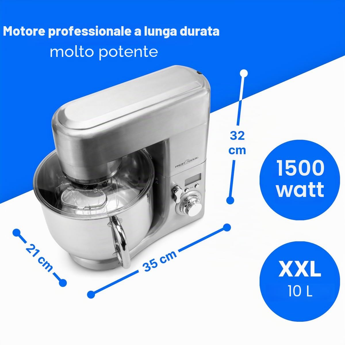 ProfiCook® Macchina da cucina con ciotola in acciaio inox XXXL | Forno 10L con motore 1500W | Impastatrice incl. Ganci e smerigliatrici | Impastatrice con apertura di riempimento | PC-KM 1096