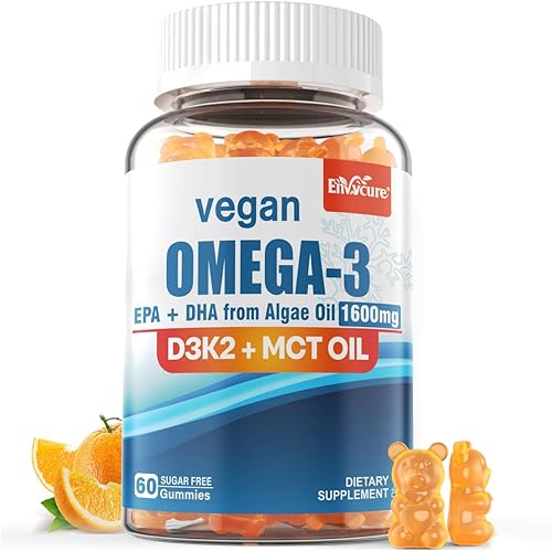 Miniatura 1 de Gomitas veganas Omega 3 de 1280 mg + vitamina D3 K2 (MK7), alternativa al aceite de pescado Omega 3 para adultos, con algas EPA 600 mg y DHA 400 mg,