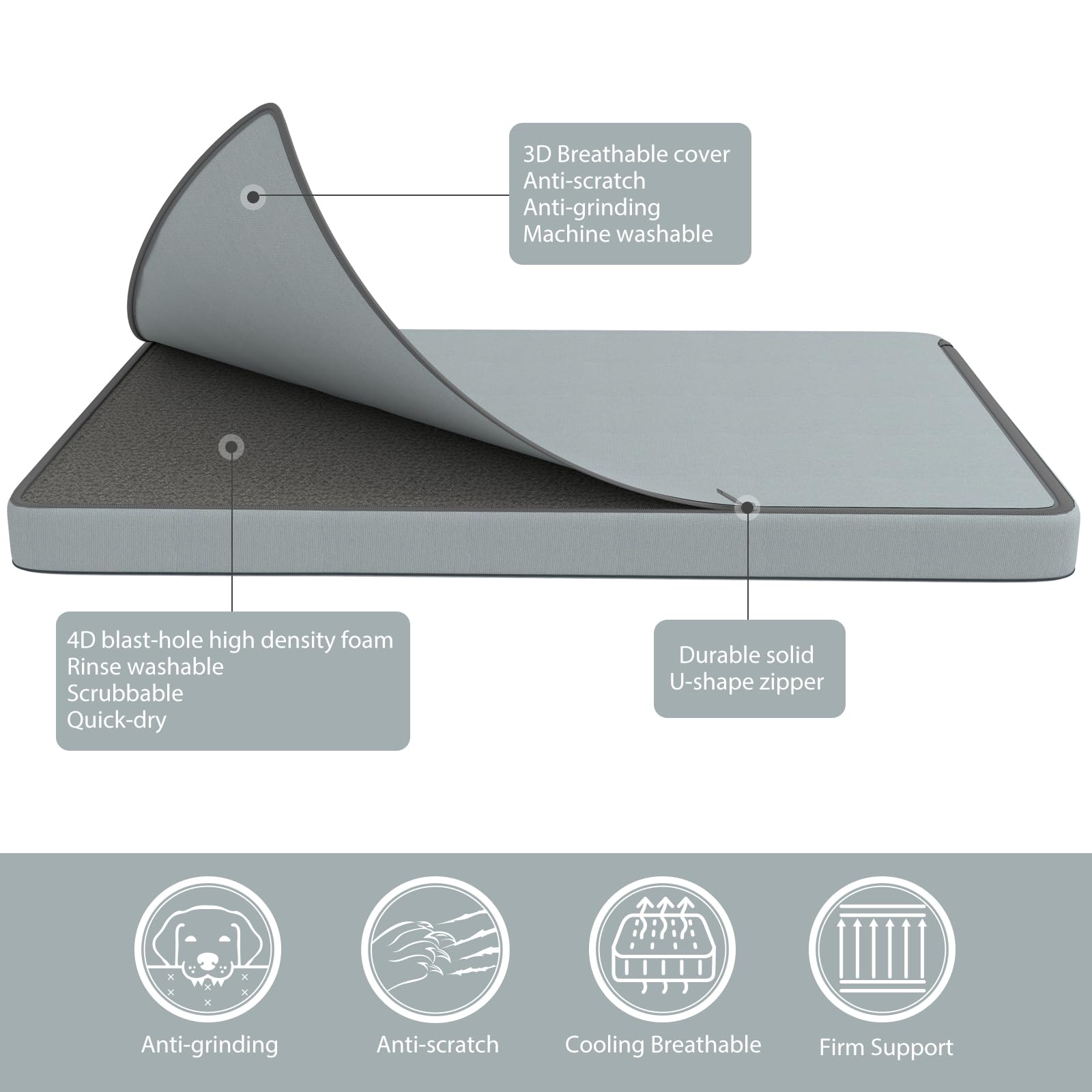 Anti-Scratch Dog Bed for Large Dogs, Firm Supportive Foam Pet Mat, 3D Cooling Breathable Cover Removable & Integrate Rinse Washable, 36x27 for Indoor & Outdoor Use, Large Size