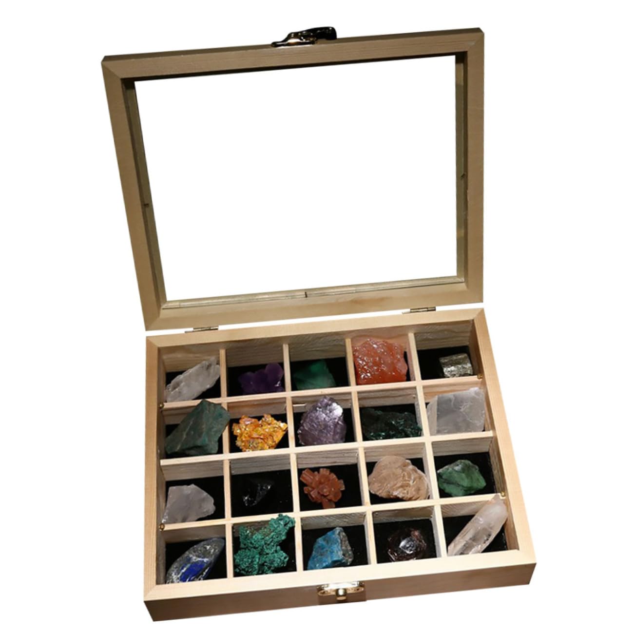 20 Stück Teiliges Mineralien Probenbox Natürliche Steinsamples für Lehrzwecke Sammlung für Enthusiasten Holzkiste für Aufbewahrung