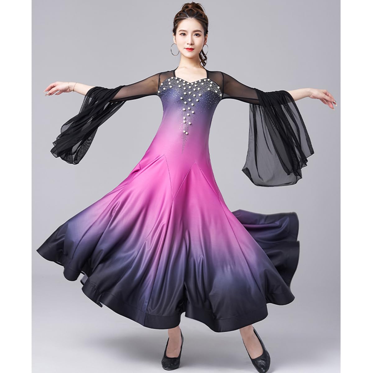 Ropa de Baile de Vals para Mujer, Falda Larga de Tul con Vuelo, de Malla, para Baile de Salón, de Encaje, para Baile Latino, Flamenco, Tango, Competición Social, Sexy (M)