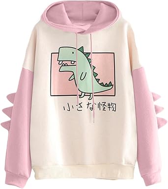 Casual Loose Color Block Long Sleeve Little Monster Hoodies Pullover Tops Hooded Sweatshirt ABDL