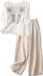Capri Sets Women 2 Piece Outfits Summer Fall Casual 3/4 Sleeve Embroidered Tops Capri Pant Cotton Linen Lounge Set
