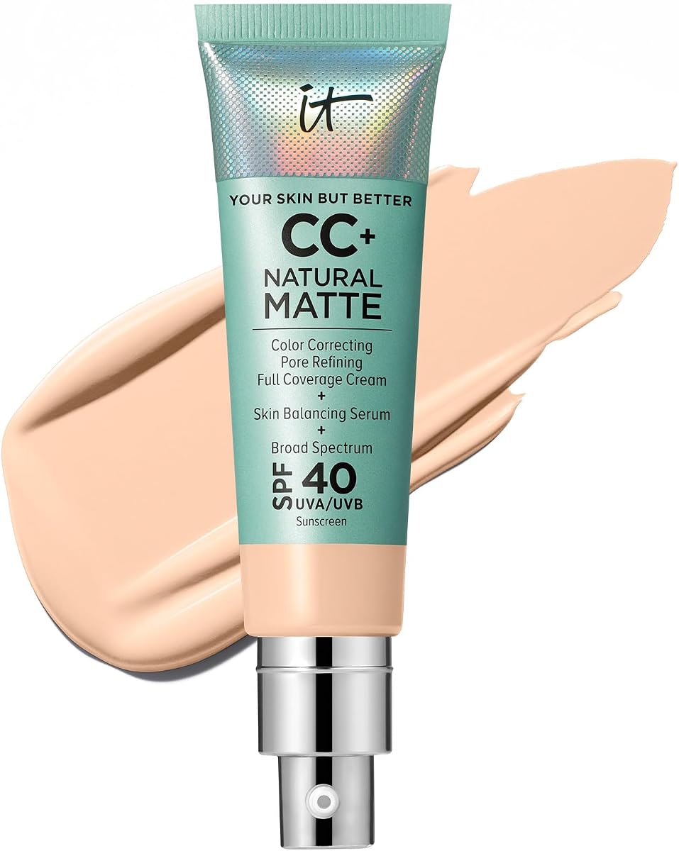 Base mate natural en crema CC+ de IT Cosmetics con SPF 40 - Acabado mate | Base de cobertura total para pieles grasas/mixtas + propensas al acné: difumina los poros + controla el brillo, resistente al sudor, no comedogénico