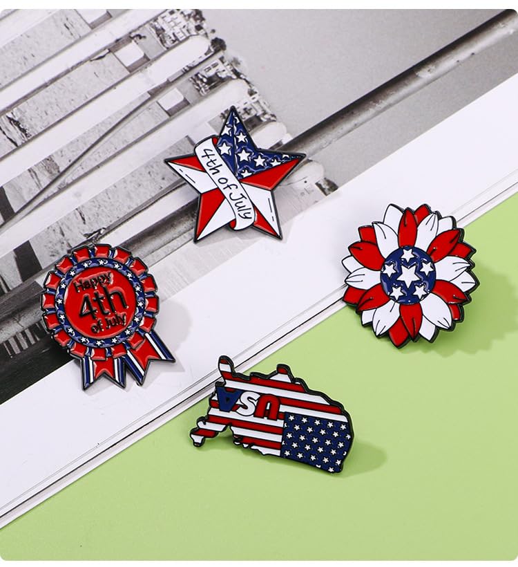 Image of 1-4Pcs Independence Day Badge Pins Brooch for Men Women 4th of July White Blue Red USA American Flag Lapel Pins American Star Pins Patriotic Brooch Jewelry