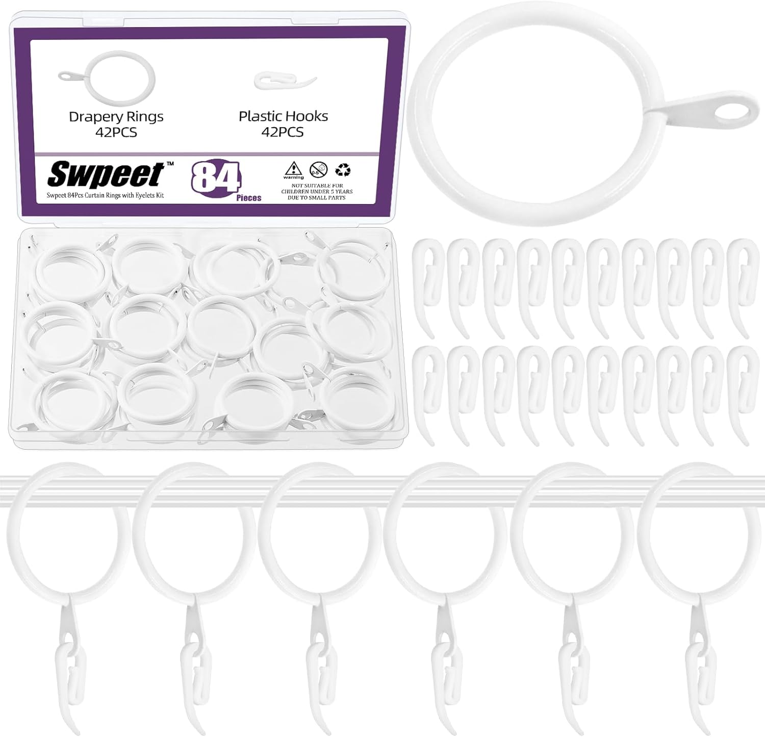 Swpeet 84Pcs 30mm White Metal Curtain Curtain Ring with Plastic Curtain Hook Selection Kit, Sliding Eye, Clip for Bedroom Rod Hotel Rod