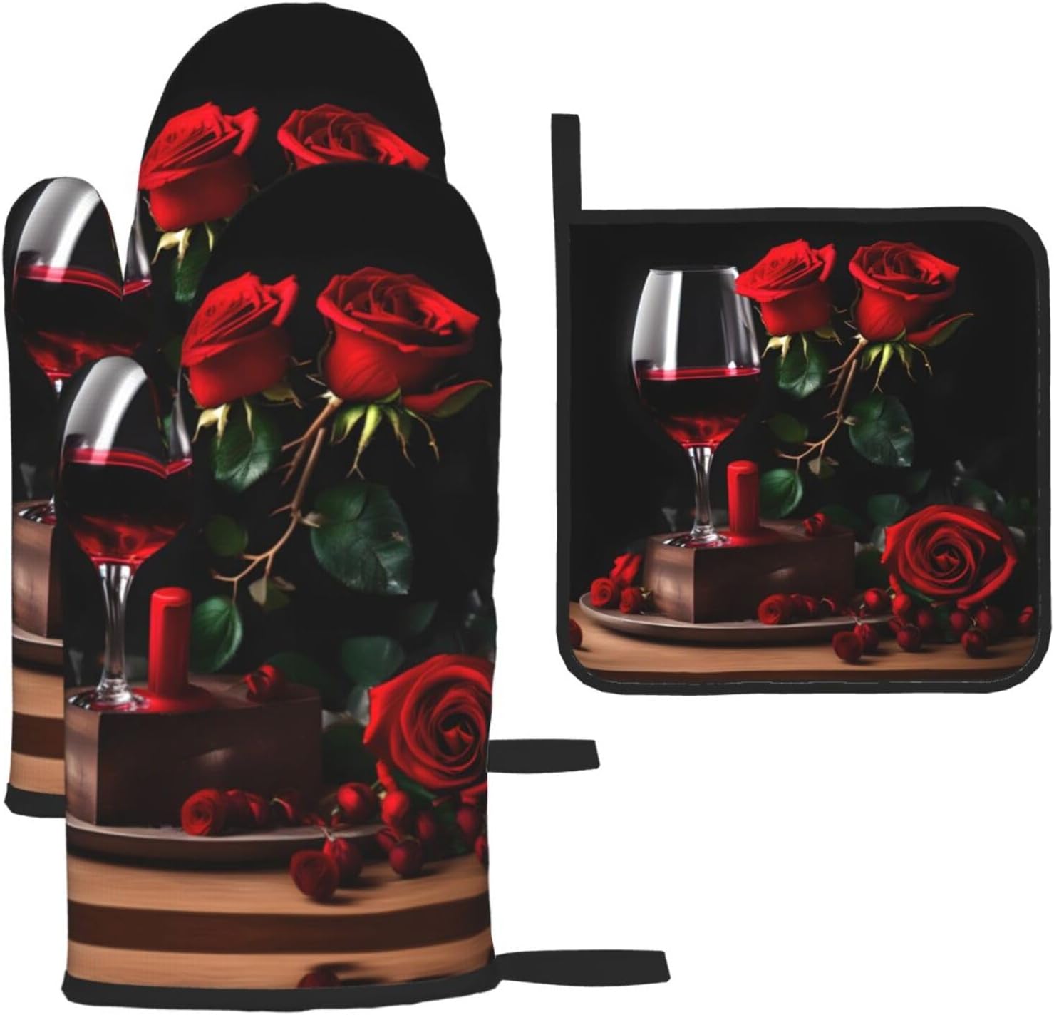 Red Rose and Wine Romantic Lovers Decor Print Heat Resistant Microwave Gloves, Used for Baking, Cooking, and Fashion Kitchen Essentials