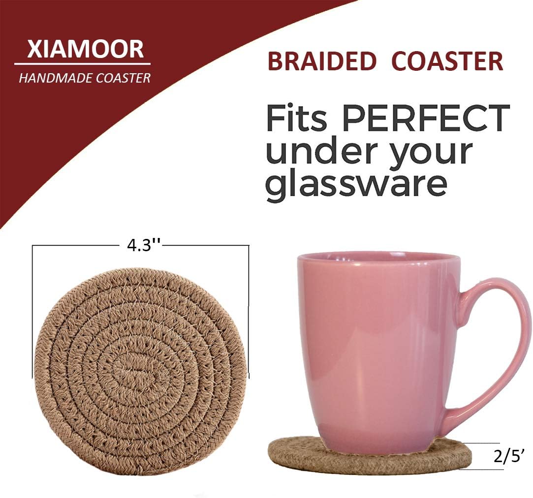 Absorbent Drink Coasters Handmade Braided Drink Coasters 6 Pack (4.3 Inch, Round, 8mm Thick) Super Absorbent Heat-Resistant Coasters for Drinks Great Housewarming Gift (Jute, 6 Pack) thumbnail