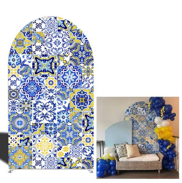 Curved Top Arch Cover Backdrop 2.2x5ft Mediterranean Portuguese Patchwork Tile Theme Spandex Background for Birthday Wedding Shower Banquet Porcelain