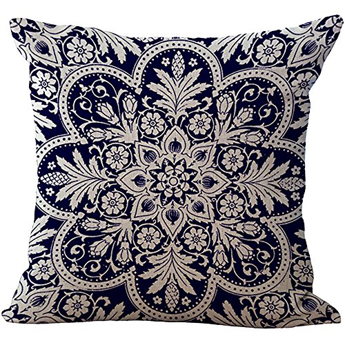 ChezMax Blue and White Porcelain Chair Back Cushion Cover Linen Throw Pillow Case Cotton Pillowslip Square Decorative Pillowcase for Bed Dining Room Floral 18 X 18''