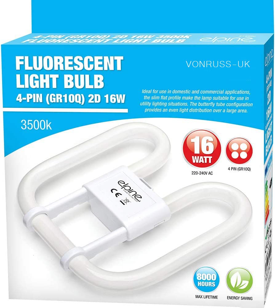 VONRUSS-UK New Fluorescent Light Bulb 2 PIN / 4 PIN Energy Saving 16W Slim LAMP Tube 2D GR8 / GR10Q (4 PIN 16 WATT)