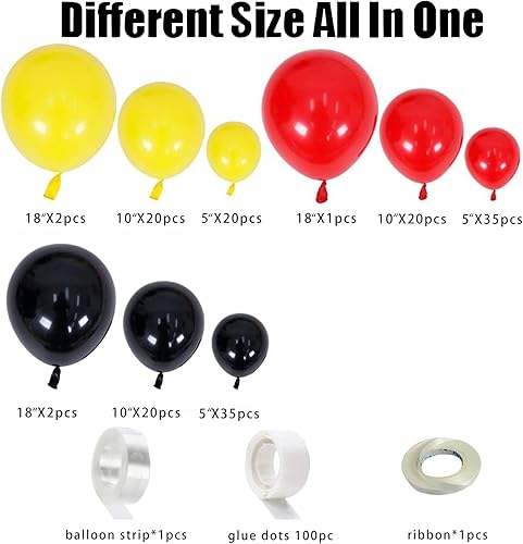 Miniatura 2 de YUNGSUN Kit de arco de guirnalda de globos, 155 globos de látex de 18 pulgadas, 10 pulgadas, 5 pulgadas, amarillo, rojo, negro, para cumpleaños,