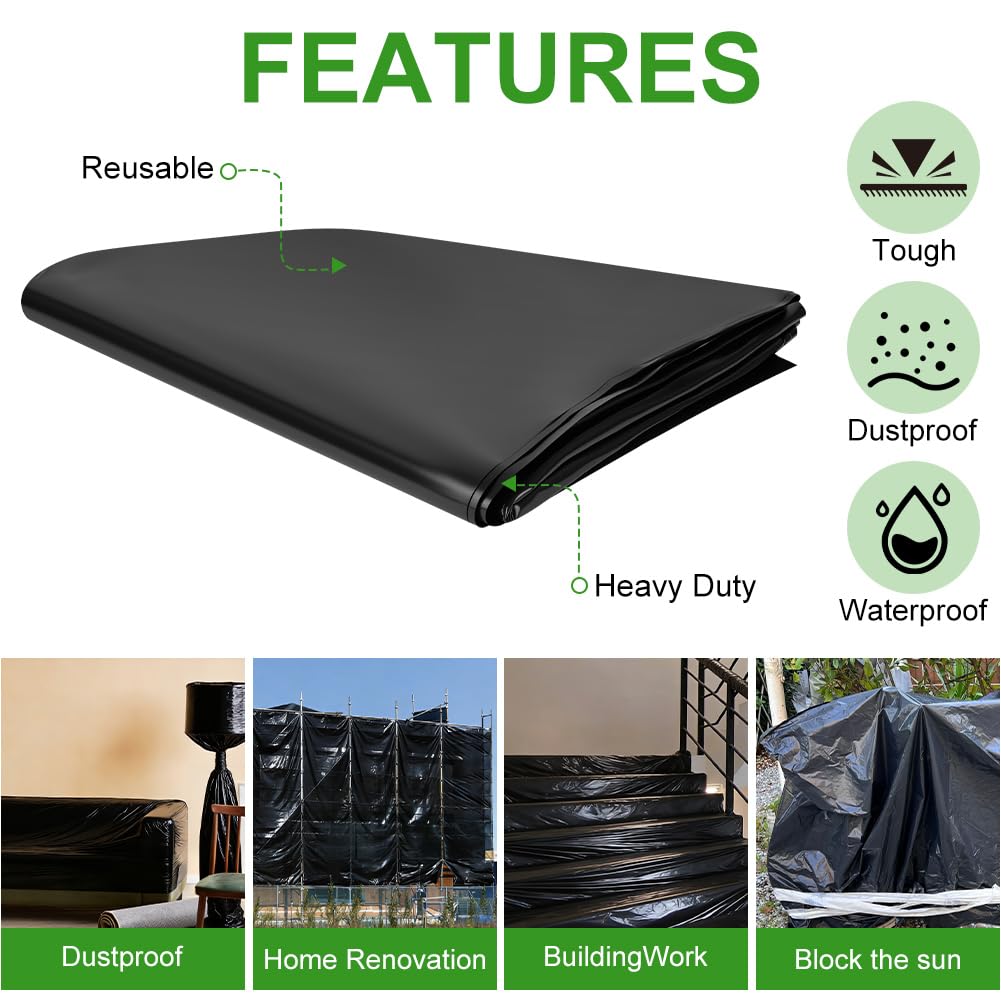 2MX3M Bâche en Polyéthylène Noir, Bâche pour Serre Noir en Polyéthylène, Résistant Couverture de Polytunnel, Membrane Horticol pour Jardinage, Isolation des Bâtiments et Tapis de Sol(80Mu/580G)
