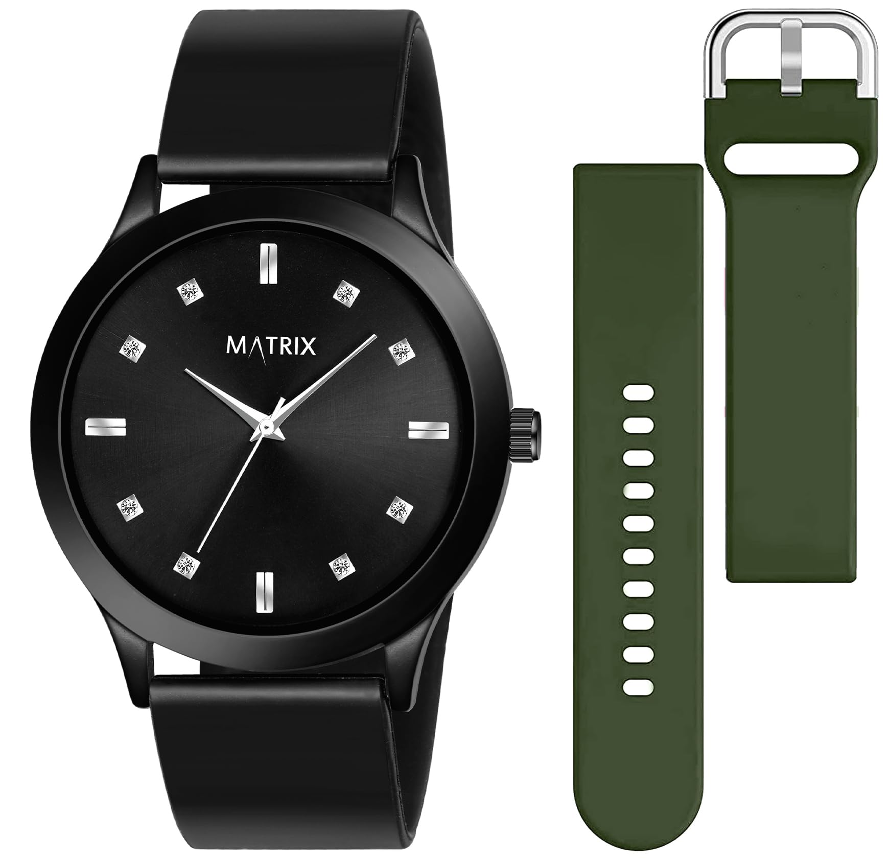 Matrix Men Silicone Swap Analogue Black Stone Studded Dial Watch With Interchangeable Straps & Boys (Black & Green), Band Color-Black (B0CD7XX9KN) Amazon Price History, Amazon Price Tracker
