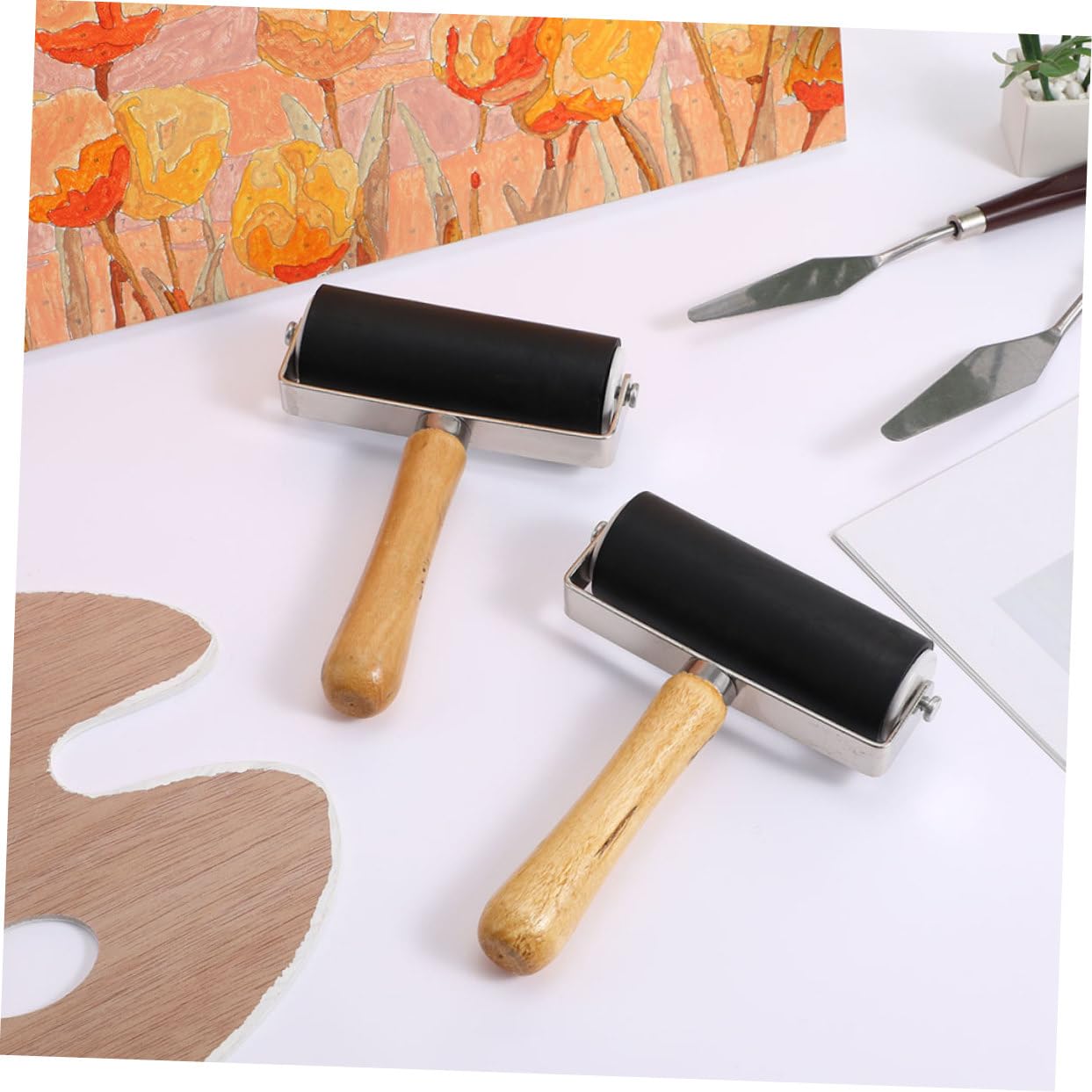 Rodillo Brayer de Impresión Negro, 4 Piezas, Mango de Madera