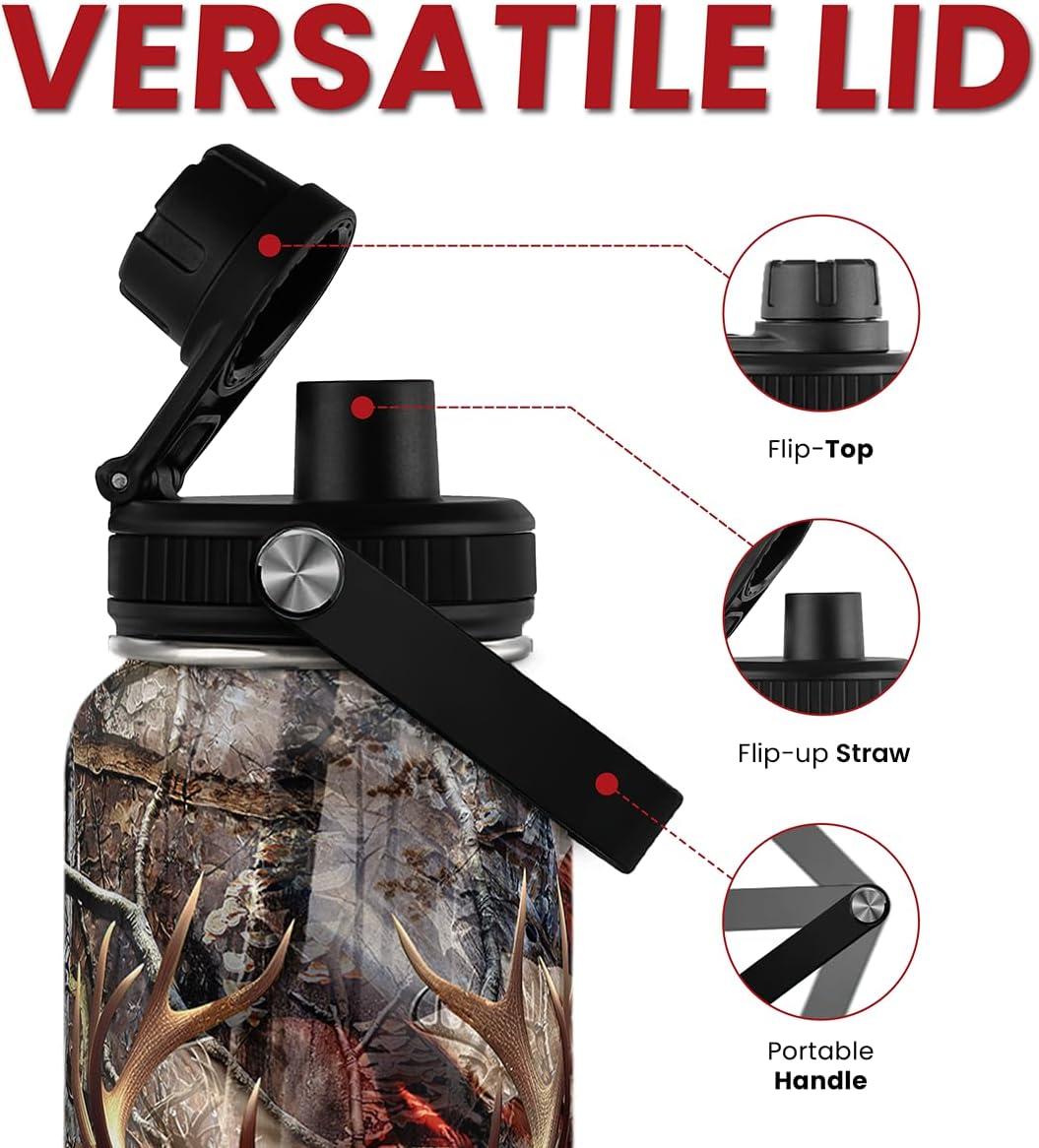 Hunting Water Bottle 32oz - Stainless Steel Insulated Bottles with Lid - Hunting Presents for Men Dad Husband Papa, Hunters Birthday Christmas Fathers Day