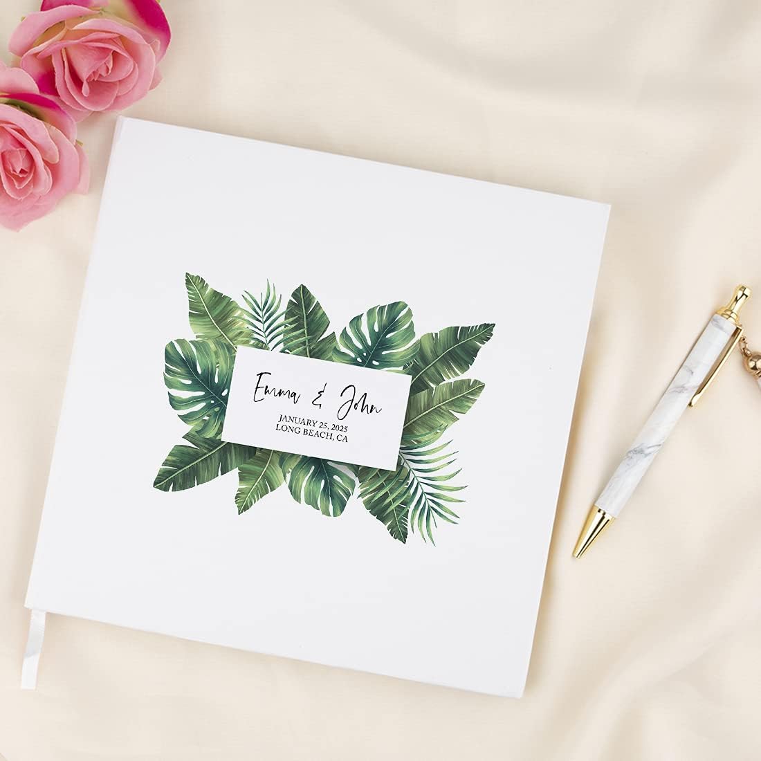 Andaz Press Personalized Wedding Guestbook with Gold Accents, Tropical Palm Leaves White Guest Sign in Guest Registry 120 Pages 8.5 X 8.5 Memories Book for DIY, Scrapbook, Photo Album