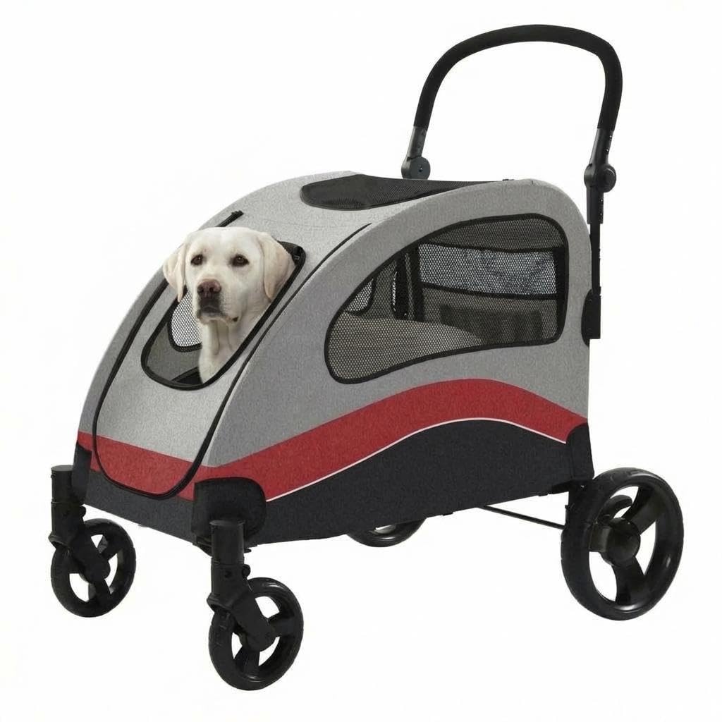 High-Capacity Foldable Large Dog Stroller, Pet Stroller Supports Up to 135 Lbs with 360° Rotating Large Wheels, Easy-Clean Pet Wagon with Adjustable Handle and Storage Pocket