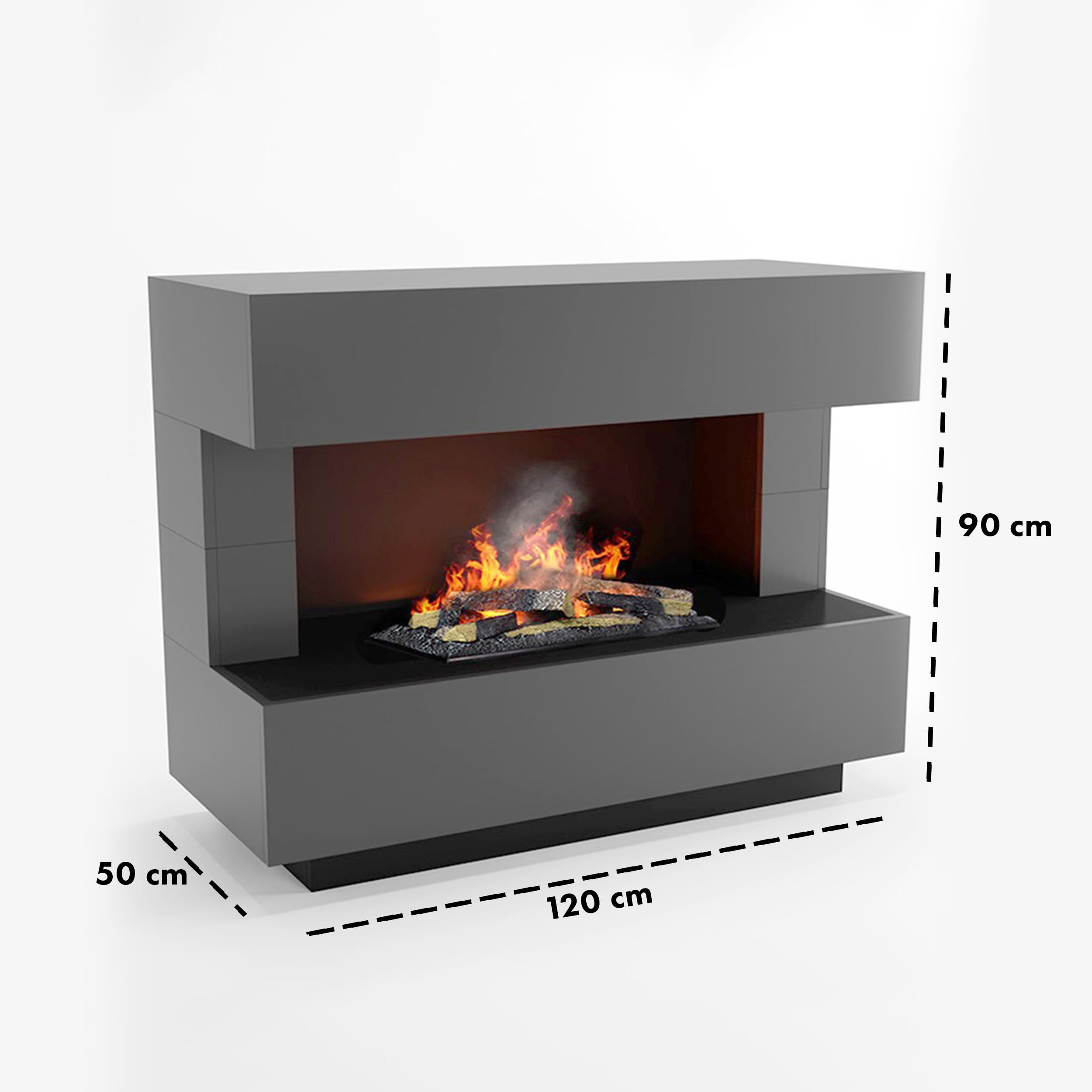 GLOW FIRE Kamin a vapore acqueo KANT - Caminetto elettrico con fiamme 3D LED realistiche, effetto crepitio, telecomando, 120x93x50 cm - Opti-Myst 600 con decoro in legno, Grigio