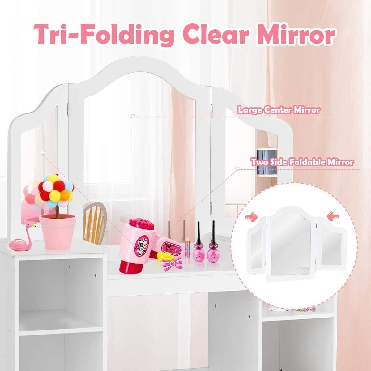 GLACER Kids Vanity, 2-in-1 Detachable Girls Vanity Set with Tri-Folding Mirror, Pretend Play Makeup Dressing Table with 4 Storage Shelves, Wooden Toddler Vanity Set for Girls (White)