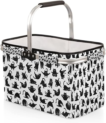 Miniatura 8 de Cesta de picnic plegable negra de cártamo, cesta grande plegable de mercado, marco de aluminio, lindas cestas de compras, reutilizables, para