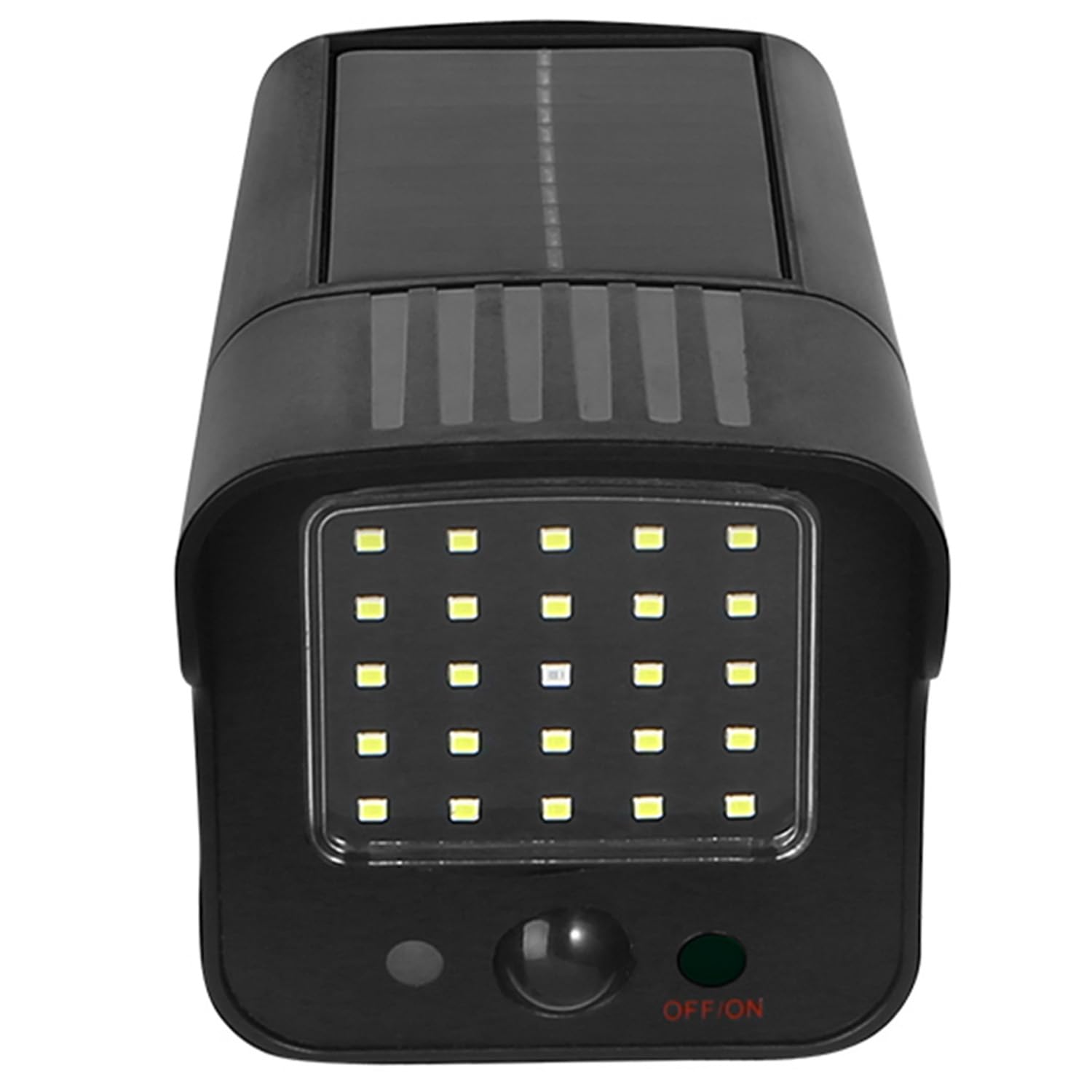 ഫ്രണ്ട് view of the Maclean SOL1803S dummy camera showing the LED array, motion sensor, and the ON/OFF switch clearly labeled.