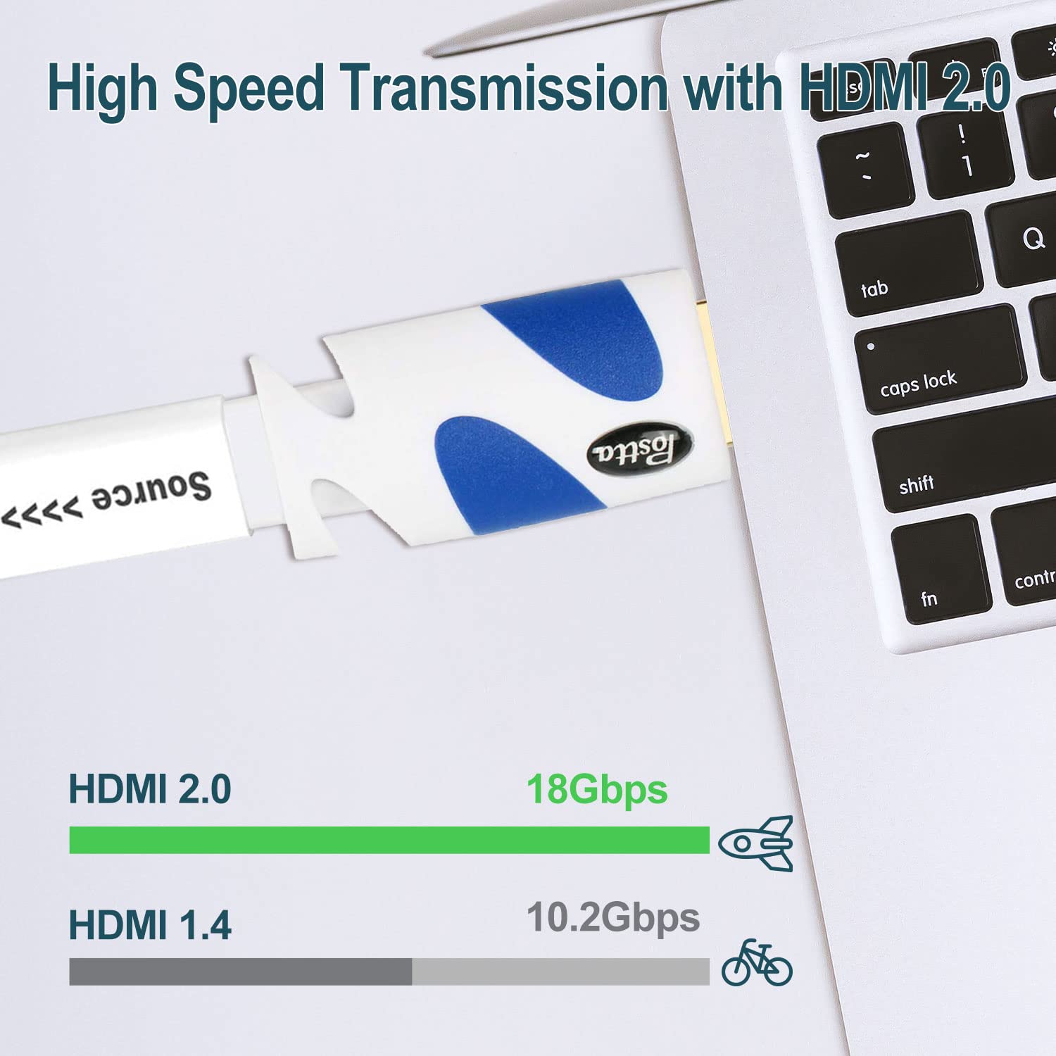 Postta Cable HDMI plano de 75 pies, cable HDMI 2.0 plano con amplificador de señal integrado, compatible con 4K, 3D, 1080p, Ethernet y retorno de audio, color blanco y azul