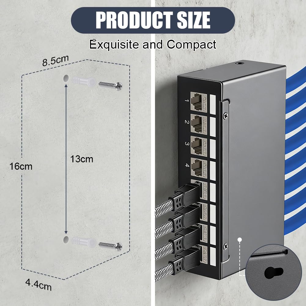 AXFEE Panneau De Brassage Kit 8 Ports, Panneau De Brassage RJ45 CAT 7 avec 8xRJ45 Modules Keystone Jack, 10 Gbit/s panneaux de brassage muraux Compatible avec Câble de Pose CAT6 CAT6a CAT7 LAN Réseau