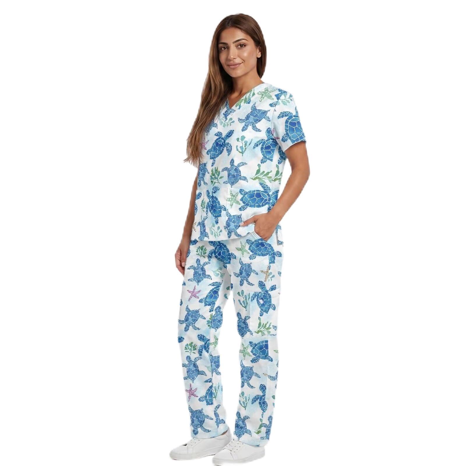 Sea Turtle - Conjunto de ropa quirúrgica para mujer, suave, de fácil cuidado, y pantalones altos con 6 bolsillos, ropa quirúrgica de talla grande para mujer, ropa de trabajo, color azul