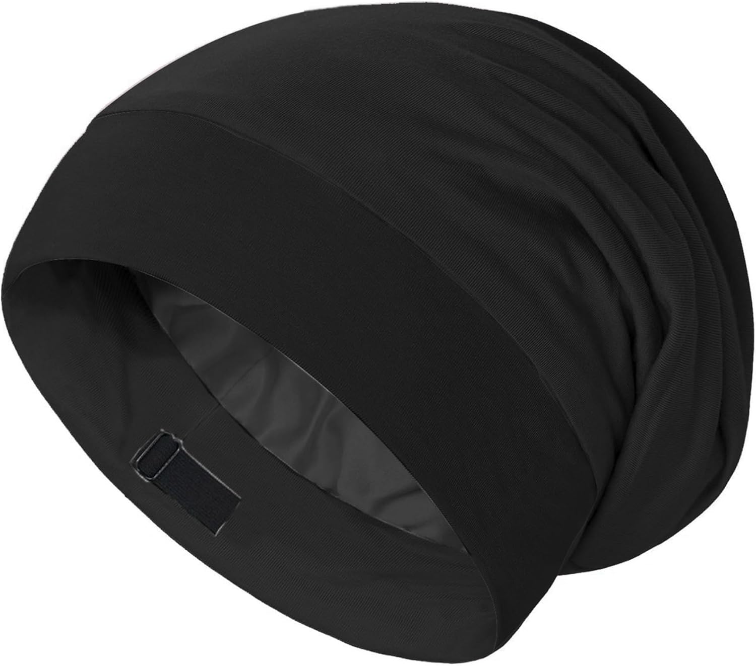 Satin Bonnet Unisex Satin-Lined Polyester & Spandex Hair Bonnet for Sleeping/Chemo Adjustable Casual Easy Mathing Slouchy Beanie for Daily Wear, Black Hair