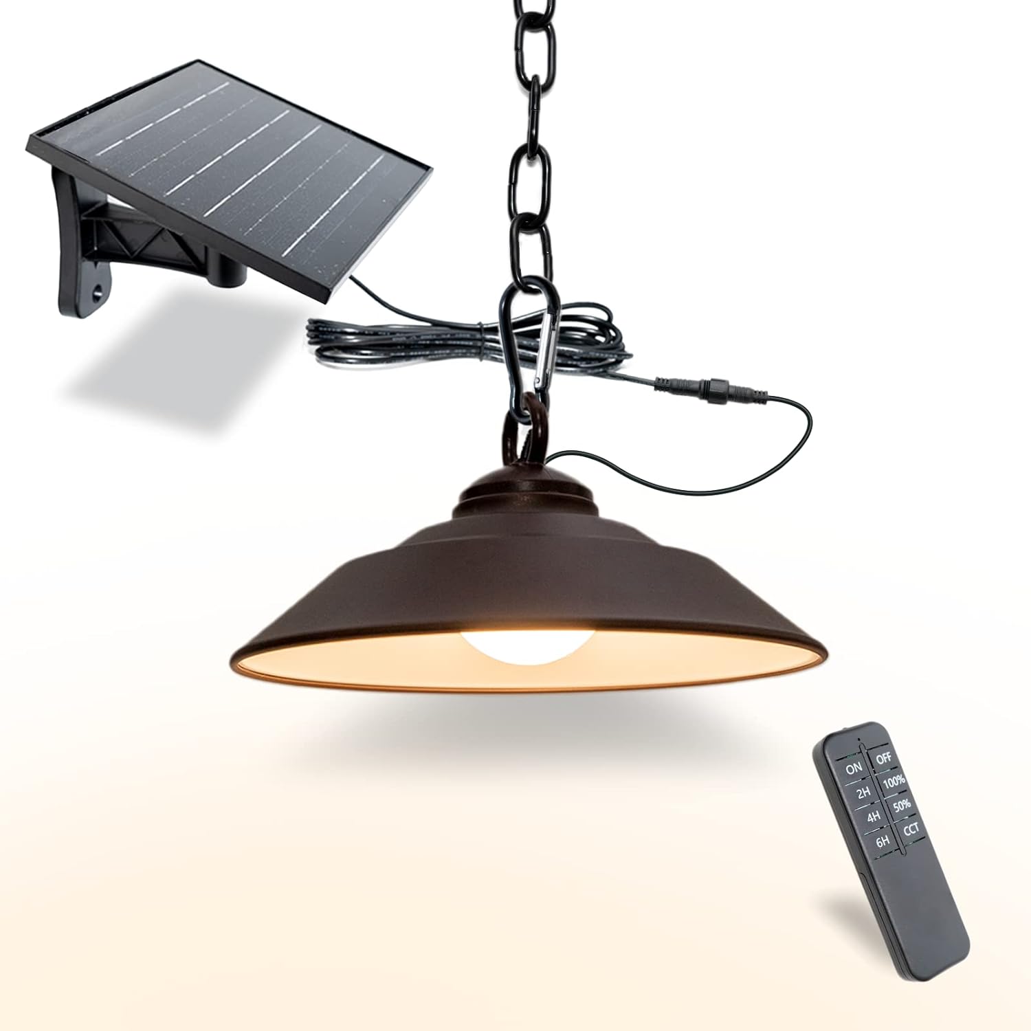 Solar Pendant Light with Remote Control, 300LM Dusk to Dawn Auto On/Off - 3 Color Temperatures & Adjustable Brightness, Waterproof Outdoor Hanging Light for Patio, Shed, Barn, Porch