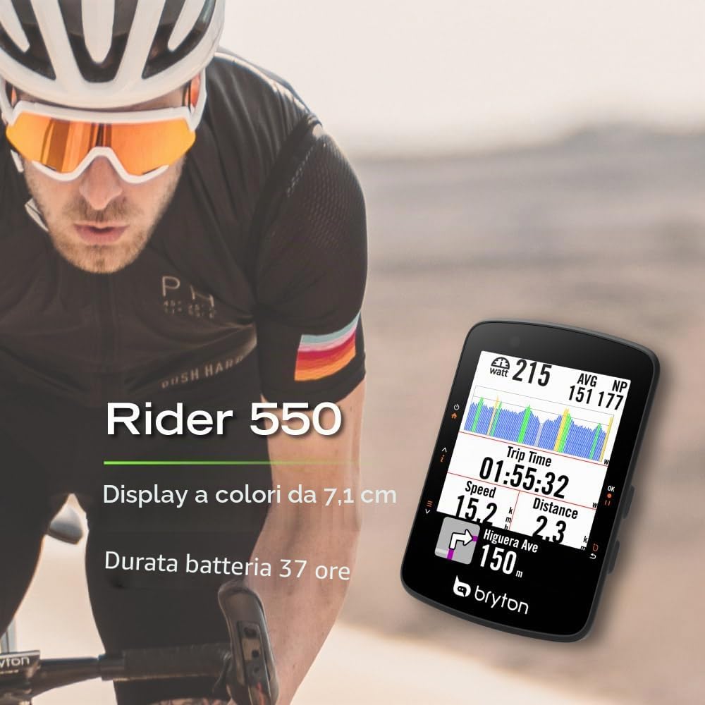 Bryton Rider 550 Computer GPS per Ciclismo, Schermo a Colori da 7,1 cm, Fino a 37 Ore di Durata della Batteria, Sensore di Luce Ambientale, Navigazione Turn-By-Turn, Istantanea di Incrocio