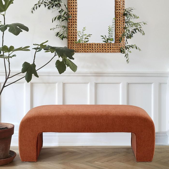 Upholstered Waterfall Bench in Rust Orange Chenille Fabric Luxury Indoor Decor, Textured Fabric Stool, Stylish Commercial Display piece.-image-47