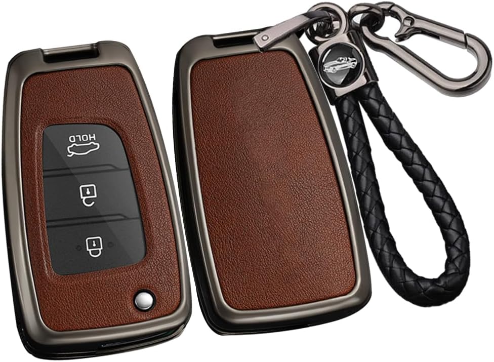 SANRILY PU Leather 3/4 Button Key Fob Cover Fit for Hyundai Accent 2022 Tucson 2021 Kona Santa Fe Venue Sonata Veloster Keyless with Keychain Silver-Black