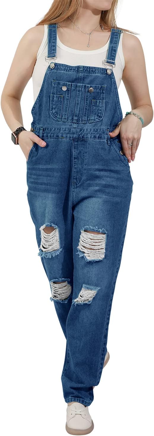 utcoco Women's Fashion Jean Bib Overalls Adjustable Straps Ripped Distressed Denim Denim Pants - Image 4