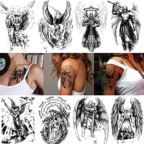 Kotbs 8 Sheets Temporary Tattoos for Men Women Wing Holy Angel Waterproof Temporary Tattoo Sticker Brave knight Warrior Tattoos Body Art Arm Fake Tatoo