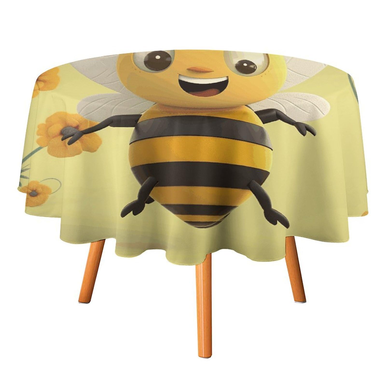SMAZDFXX Happy Bee Tablecloth for Restaurant, Round Polyester Table Cover 60x60in for Party