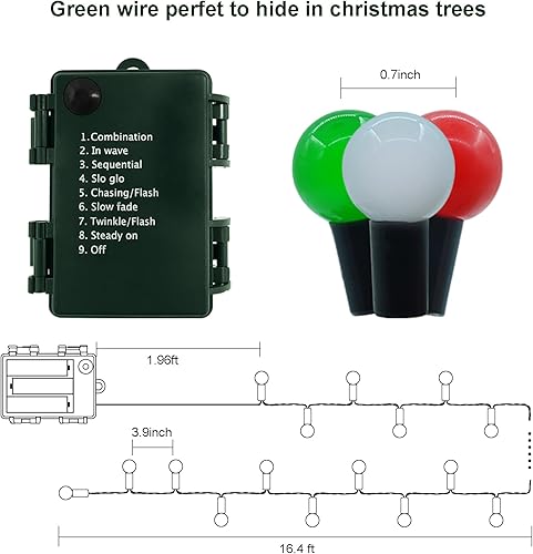 Miniatura 6 de Guirnalda de luces de Navidad alimentadas con pilas, 16.4 pies, 50 luces LED rojas, blancas y verdes, con temporizador, 8 modos, impermeables,