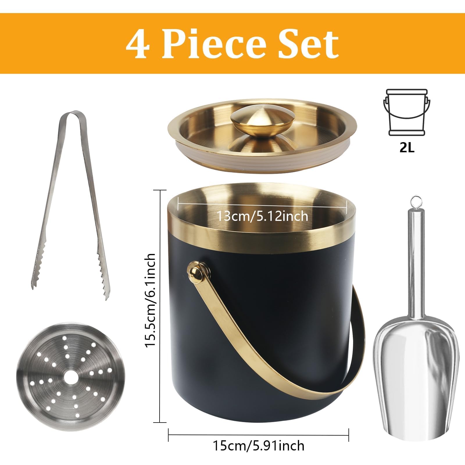 Zythrem 2L Secchiello per il Ghiaccio in Acciaio Inox 2L Doppia Parete Isolata Secchiello per Ghiaccio con Coperchio, Pinze e Pala, Portaghiaccio, Lce Bucke, per Vino per Cocktail Bar