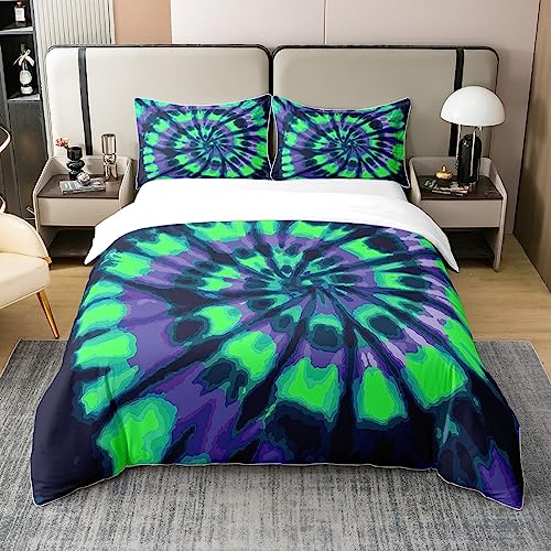 Tie Dye 100% Cotton Duvet Cover Set Single Size for Kids Boys Girls Boho Hippie Tie Dye Bedding Set Green Blue Trippy Swirl Comforter Cover Set Bedroom Decor Bohemian Gypsy Bedspread Cover