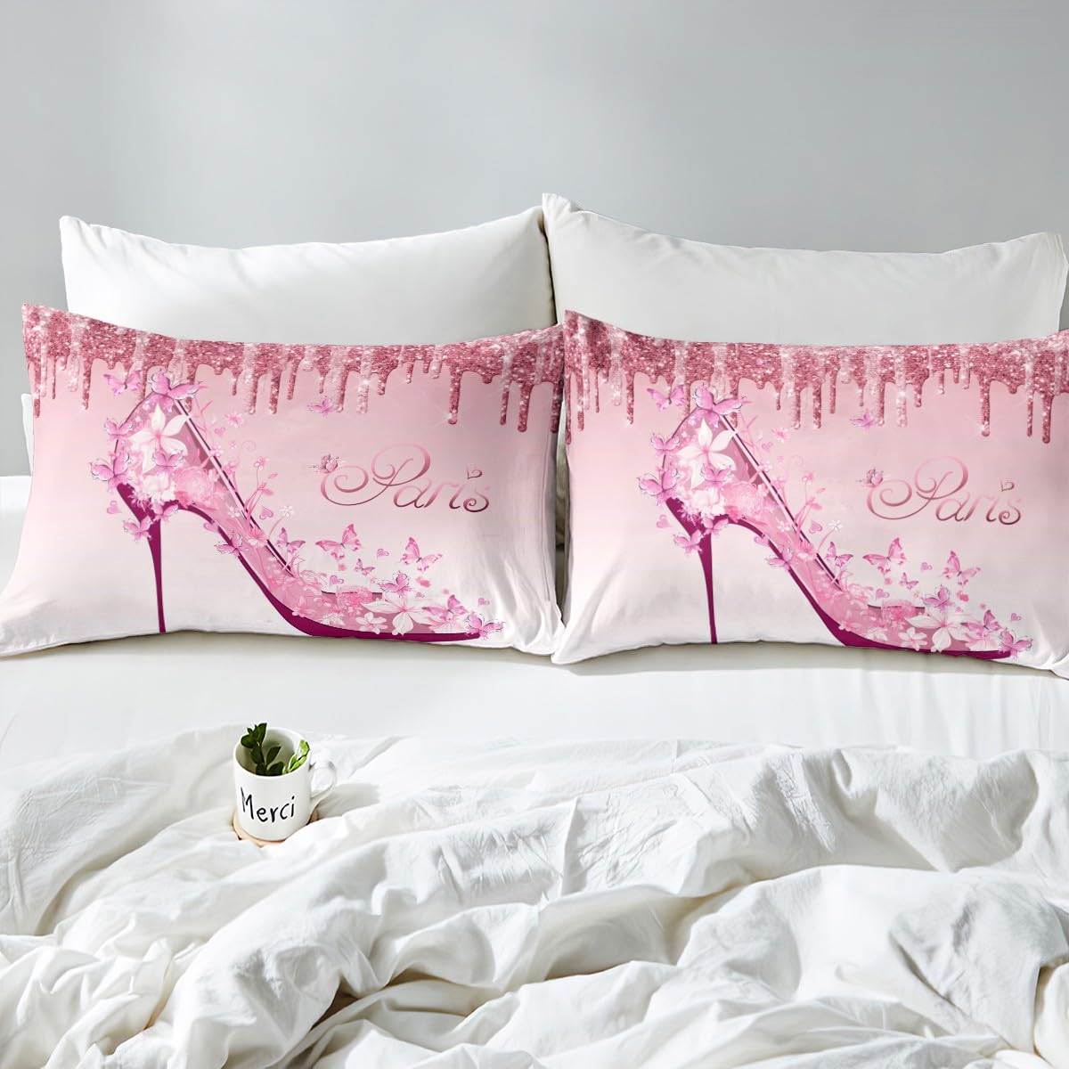 Rosa Bettwäsche-Set (Full Size) Mit Paris-Motiv – Romantische Blumen, Schmetterlinge & High Heels Für Mädchen, Frauen (2-teilig)