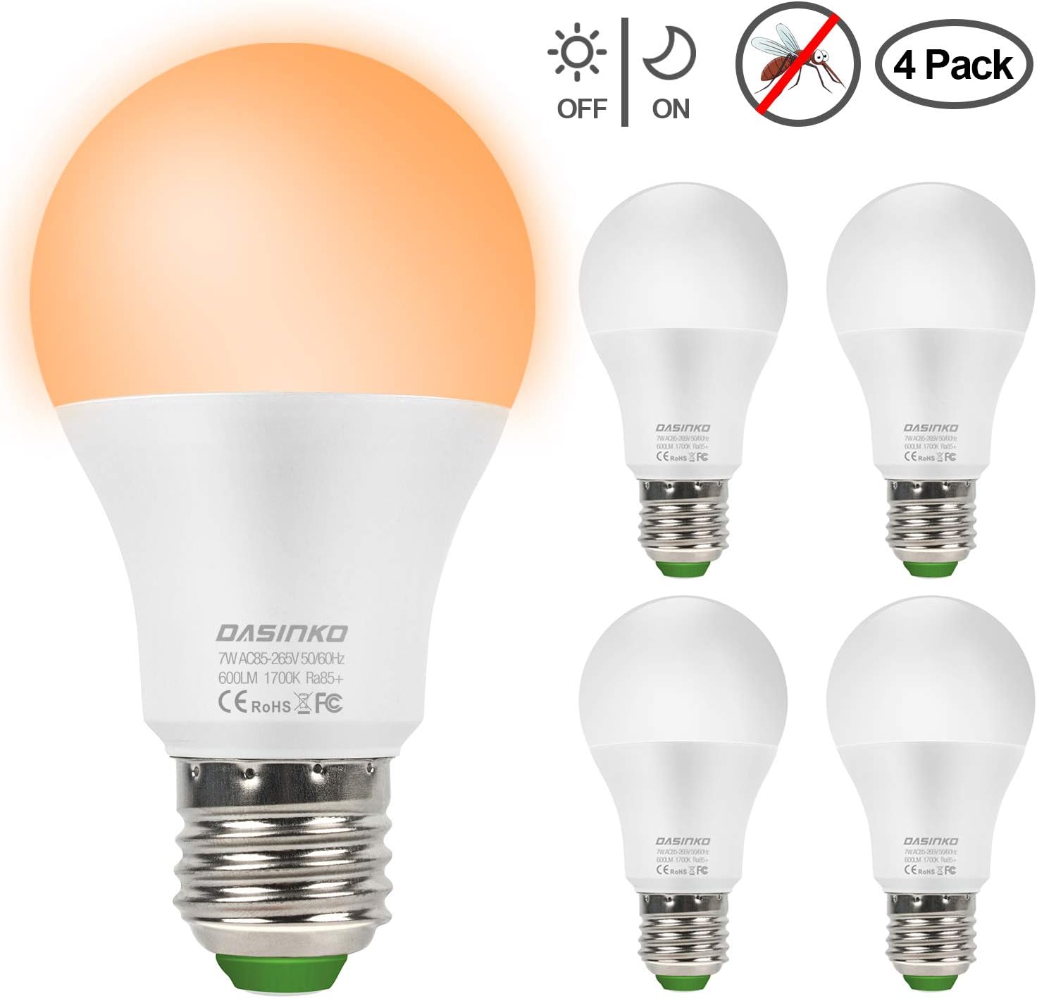 Dusk to Dawn Light Bulb7W LED Light Bulb, 50 Watt Equivalent Smart Automatic LED Bulbs, Auto on/Off E27 Sensor Light Security Bulb with Photosensor Detection (1700K Orange,4-Pack)