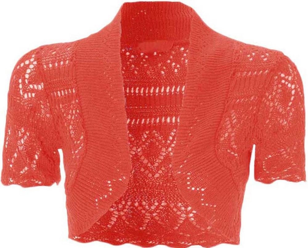 Women's New Crochet Front Open Short Sleeve Knitted Bolero Cropped Cardigan Shrug (UK 24-26) Coral
