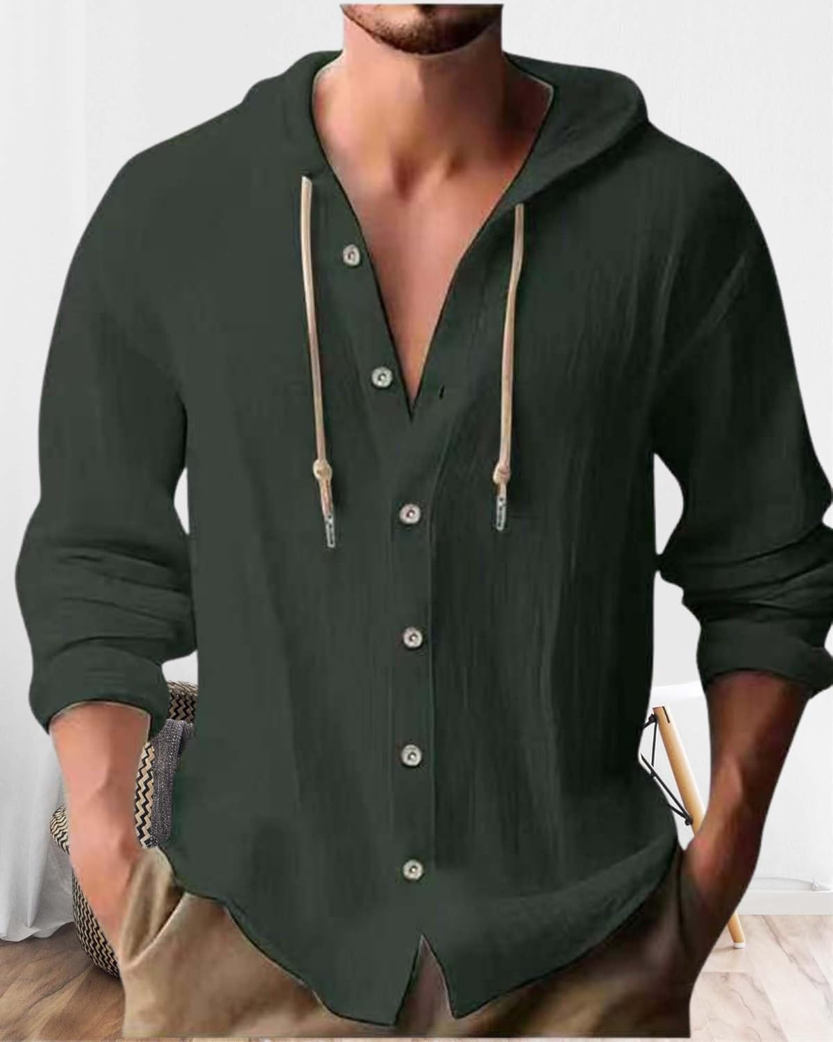 Cotton Linen Hoodie for Men Summer Casual Long Sleeve Button Down Hawaiian Beach Shirt Tops with Hood - Image 2
