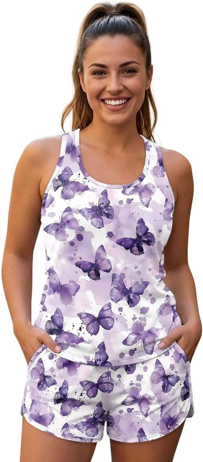 Women Tummy Control Tankini Swimsuit,Retro Flattering Slimming High Waisted Tank Top with Short Set Size S-6XL