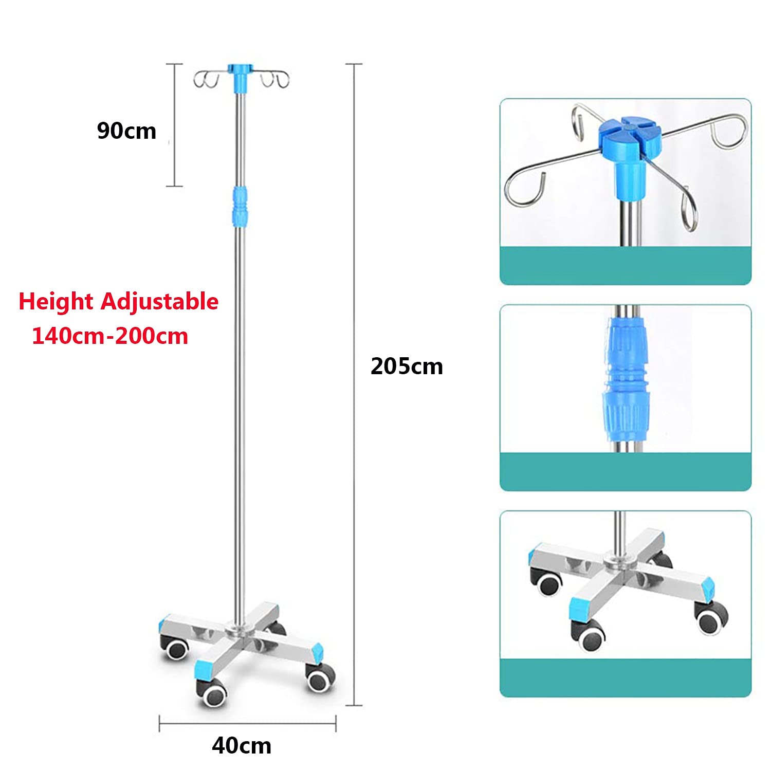 Winter Soporte para suero intravenoso portátil de Acero Inoxidable Grueso, Altura Ajustable Antideslizante y Estable, 4 Ganchos, 5 Ruedas universales (Size : 4 Wheels)