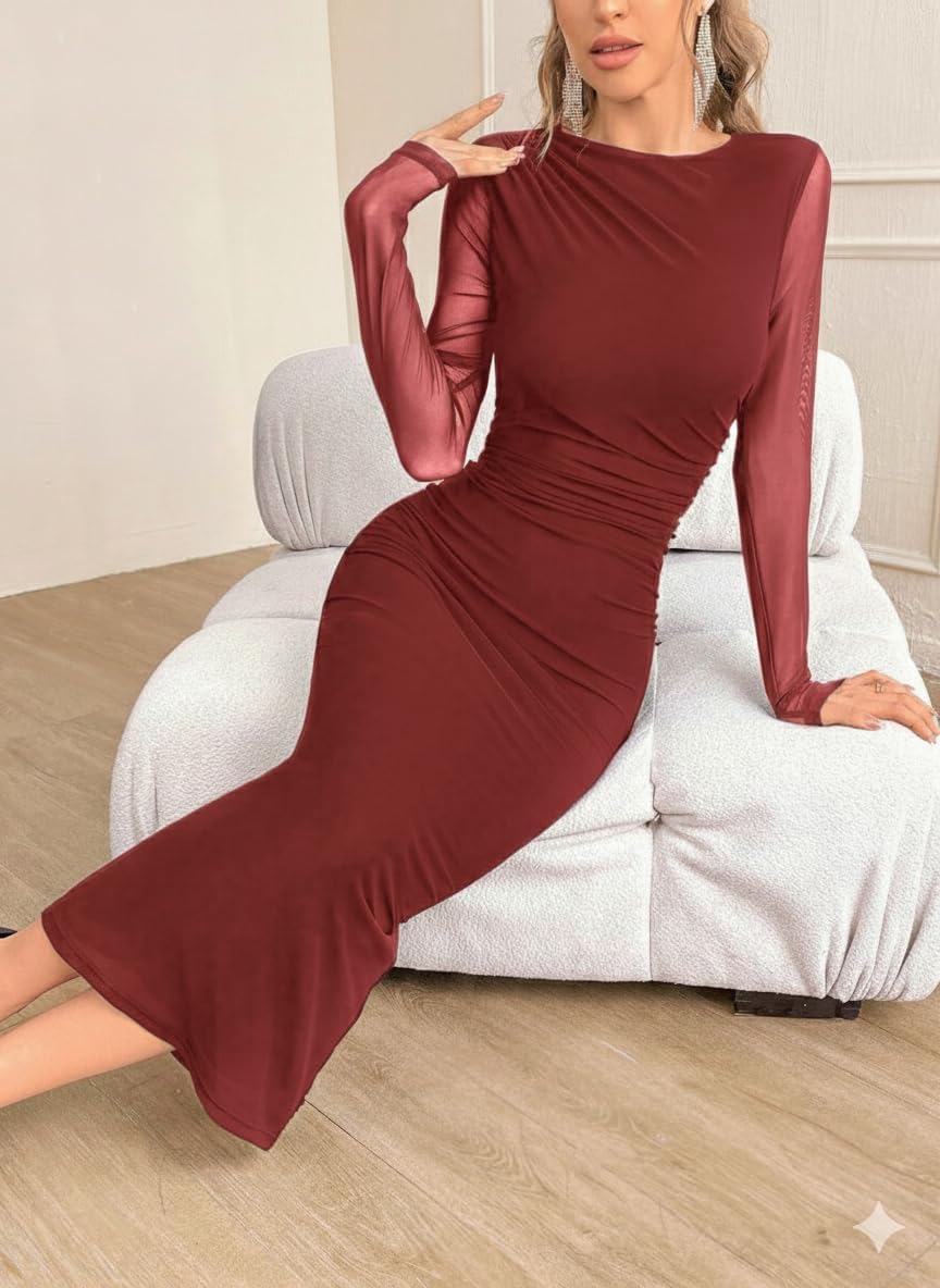 LIGHT DOT Women's Long Sleeve Bodycon Midi Dress Classy Elegant Mesh Ruched Cocktail Dress Guest Evening Formal - Image 7