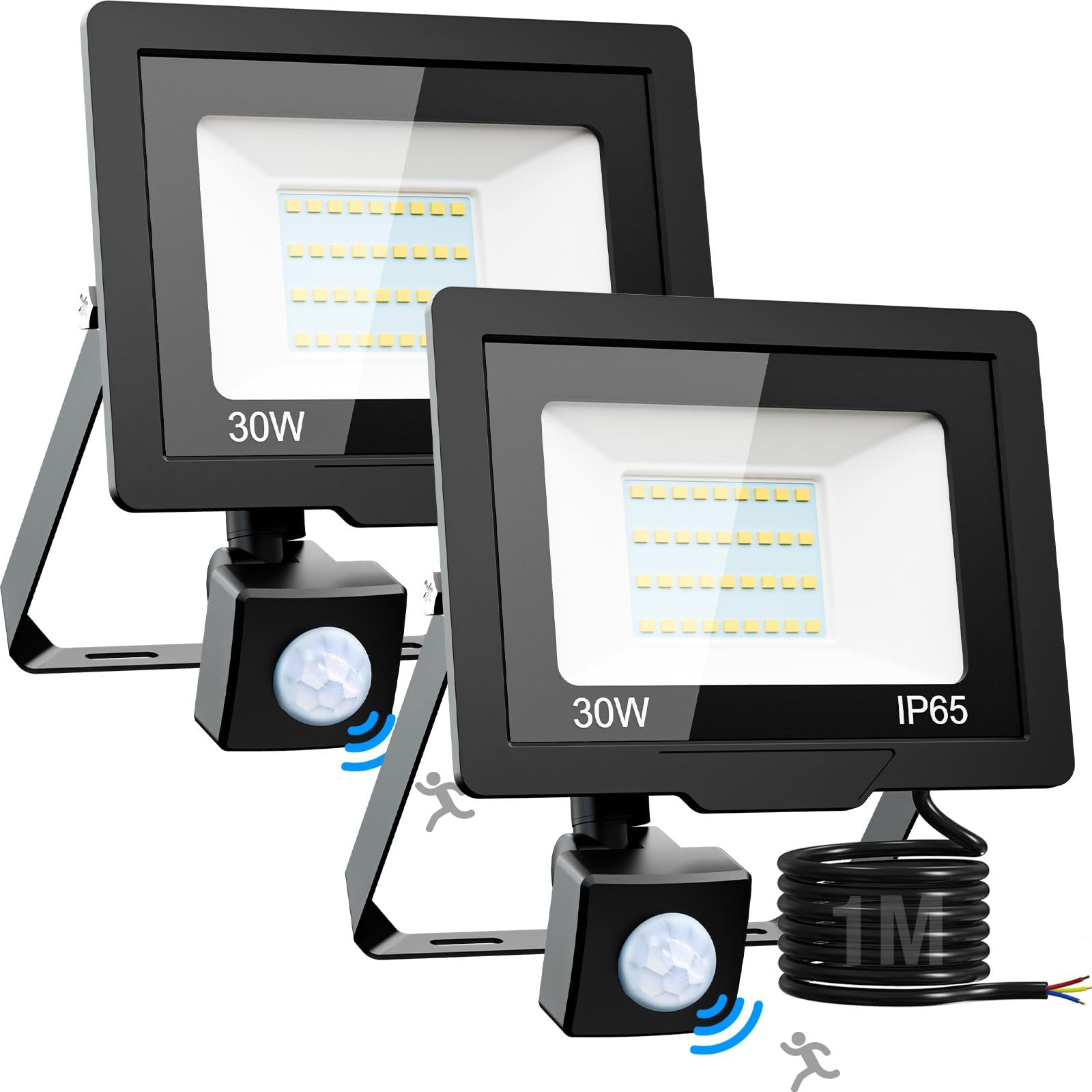 nipify 【2 Pezzi Faro Led con Sensore di Movimento 30W, 3000 LM Faretto LED Esterno con Sensore, 6500K Bianco Freddo Faretto con Sensore di Movimento, IP65 Impermeabile Luce LED per Giardino Cortile