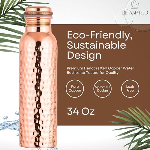 Miniatura 4 de Botella de agua de cobre  34 onzas extra grande  Un recipiente ayurvédico de cobre puro martillado para beber  Bebe más agua, reduce tu ingesta de